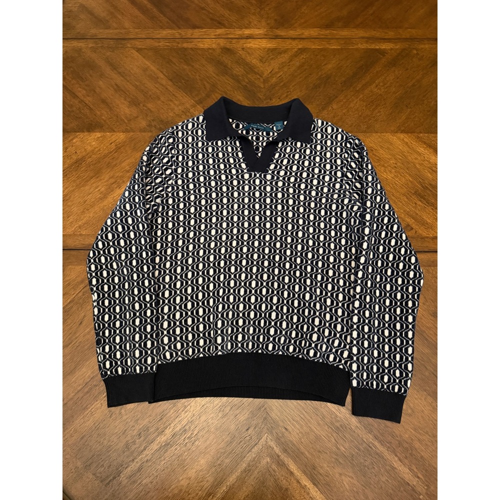 Perry Ellis Mens Navy White Geometric Honeycomb Knit Polo Sweater Size Medium